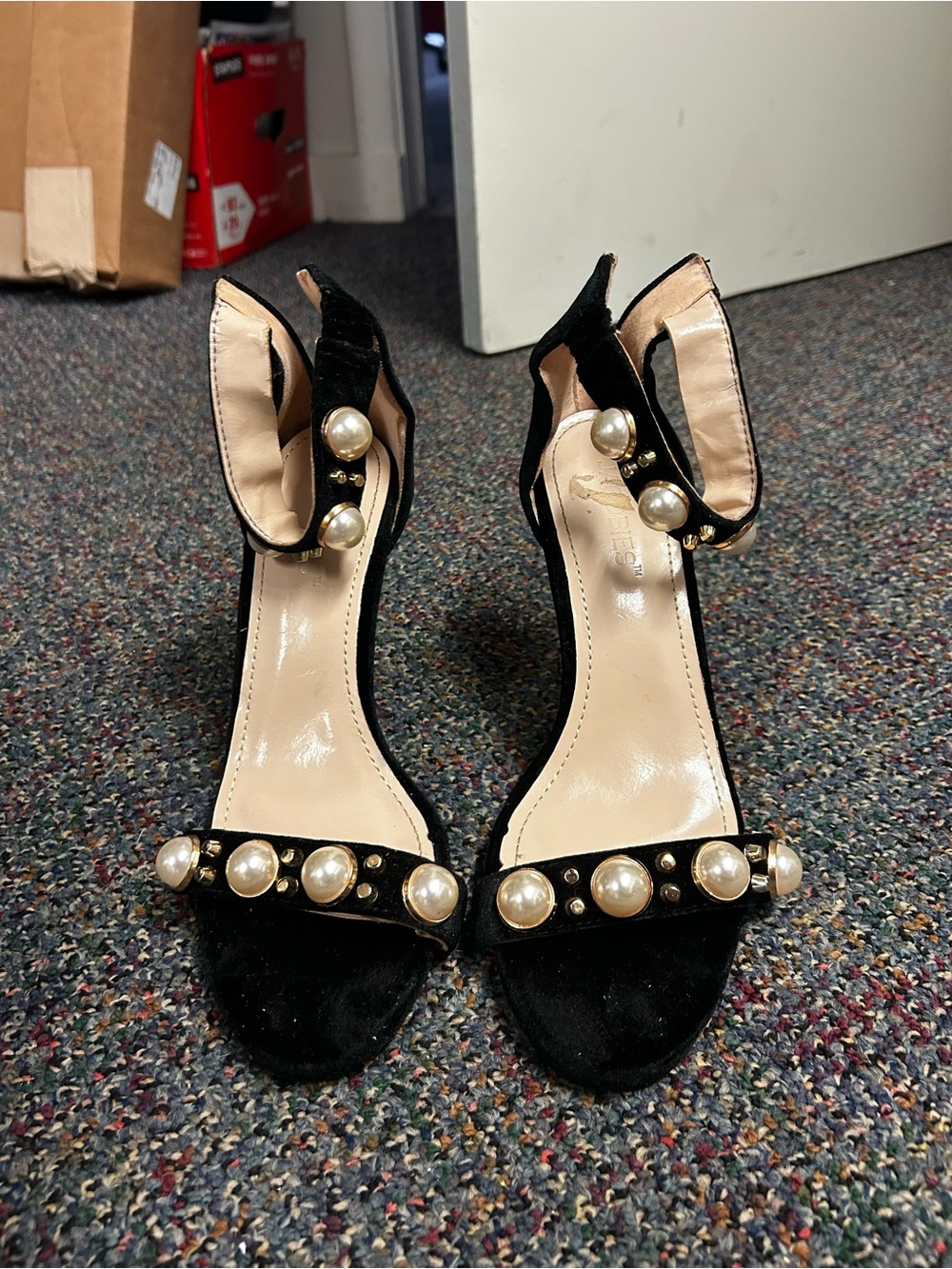 Black Velvet Pearl-Embellished Ankle-Strap Heels